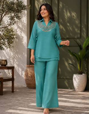 Teal silk blend embroidered palazzo set 2