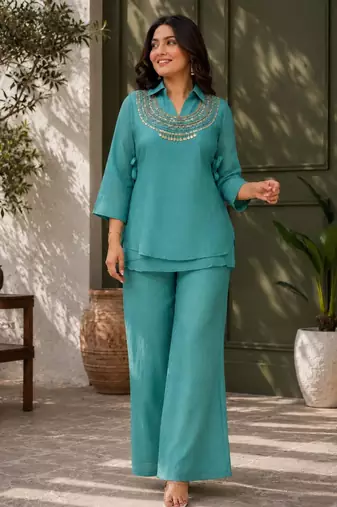 Teal silk blend embroidered palazzo set