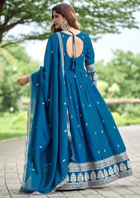 Teal art silk readymade anarkali suit with embroidery work 5