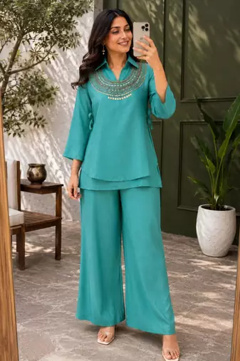 Teal silk blend embroidered palazzo set