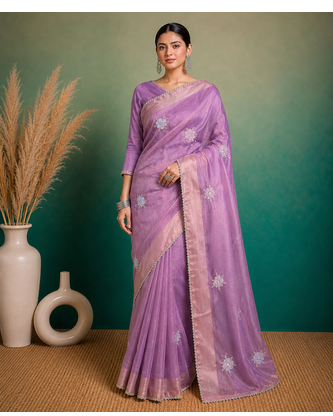 Purple Embroidery Floral Moti Beats Work And Gold Span (Organza) Fabric Saree With Unstitched Blouse  1