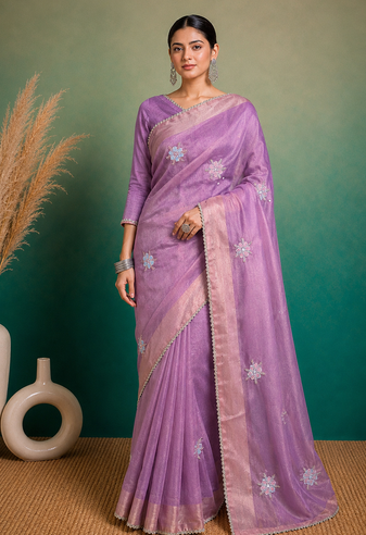 Purple Embroidery Floral Moti Beats Work And Gold Span (Organza) Fabric Saree With Unstitched Blouse 