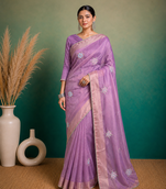 Purple Embroidery Floral Moti Beats Work And Gold Span (Organza) Fabric Saree With Unstitched Blouse 