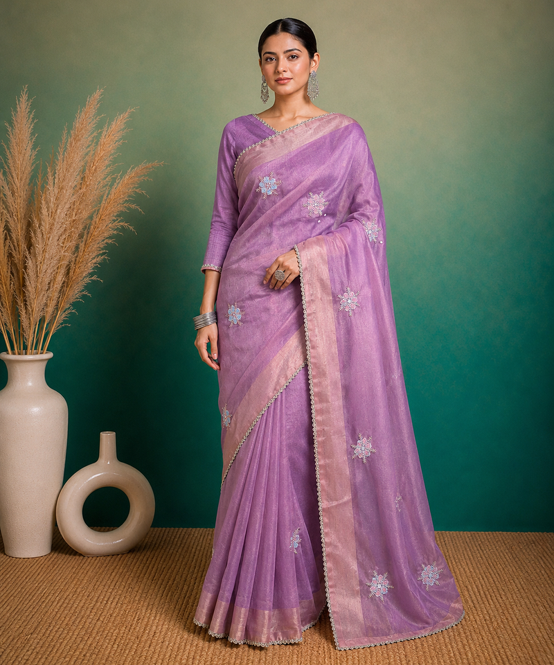 Purple Embroidery Floral Moti Beats Work And Gold Span (Organza) Fabric Saree With Unstitched Blouse 