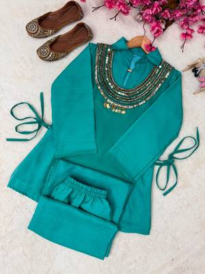 Teal silk blend embroidered palazzo set 4