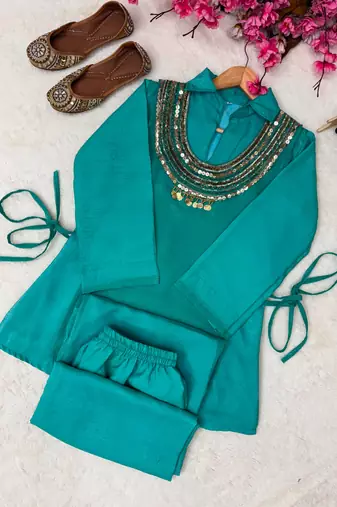 Teal silk blend embroidered palazzo set