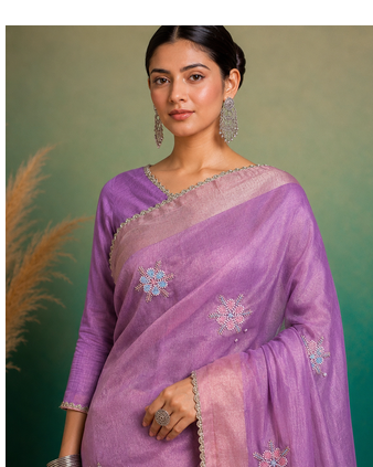 Purple Embroidery Floral Moti Beats Work And Gold Span (Organza) Fabric Saree With Unstitched Blouse  2