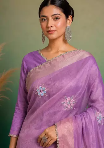 Purple Embroidery Floral Moti Beats Work And Gold Span (Organza) Fabric Saree With Unstitched Blouse 