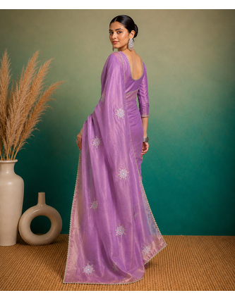 Purple Embroidery Floral Moti Beats Work And Gold Span (Organza) Fabric Saree With Unstitched Blouse  3