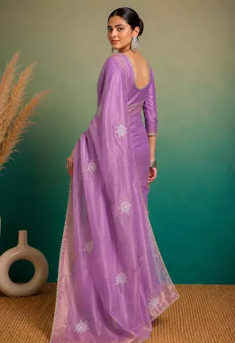 Purple Embroidery Floral Moti Beats Work And Gold Span (Organza) Fabric Saree With Unstitched Blouse 