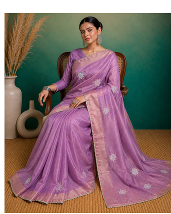 Purple Embroidery Floral Moti Beats Work And Gold Span (Organza) Fabric Saree With Unstitched Blouse  4