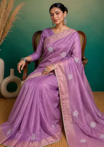 Purple Embroidery Floral Moti Beats Work And Gold Span (Organza) Fabric Saree With Unstitched Blouse 