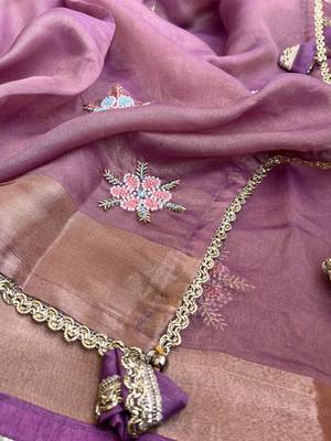 Purple Embroidery Floral Moti Beats Work And Gold Span (Organza) Fabric Saree With Unstitched Blouse  5