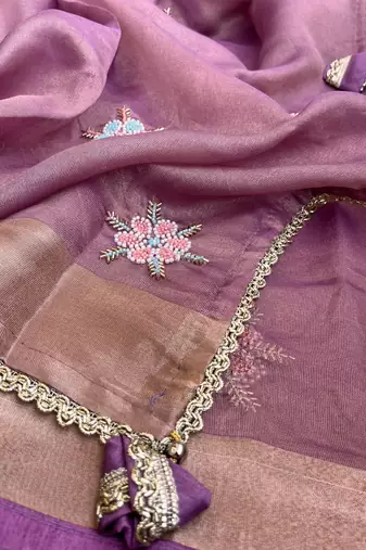Purple Embroidery Floral Moti Beats Work And Gold Span (Organza) Fabric Saree With Unstitched Blouse 