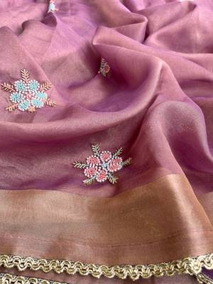 Purple Embroidery Floral Moti Beats Work And Gold Span (Organza) Fabric Saree With Unstitched Blouse  6