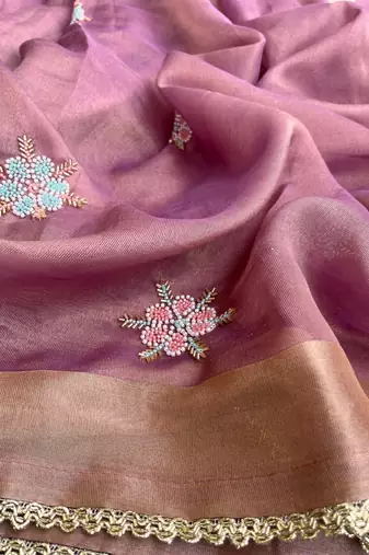 Purple Embroidery Floral Moti Beats Work And Gold Span (Organza) Fabric Saree With Unstitched Blouse 