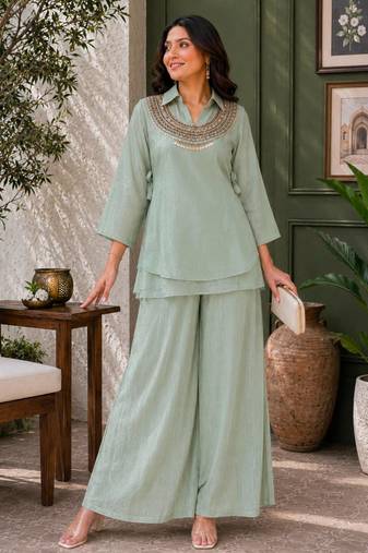 Sea-green silk blend embroidered palazzo set