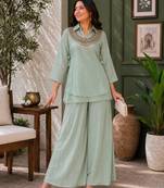 Sea-green silk blend embroidered palazzo set