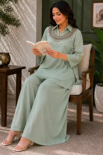 Sea-green silk blend embroidered palazzo set