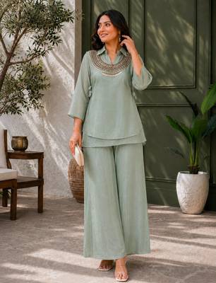 Sea-green silk blend embroidered palazzo set 3