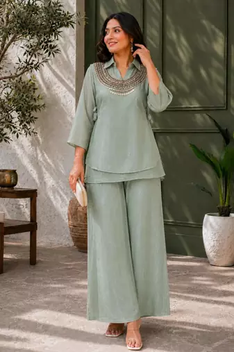 Sea-green silk blend embroidered palazzo set
