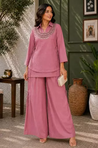 Pink silk blend embroidered palazzo set