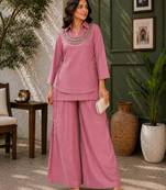 Pink silk blend embroidered palazzo set