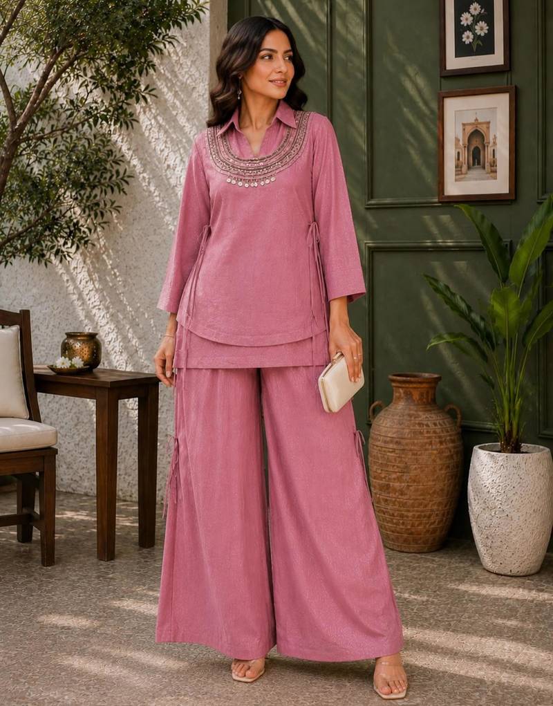 Pink silk blend embroidered palazzo set
