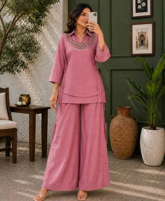 Pink silk blend embroidered palazzo set 2