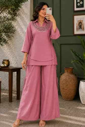 Pink silk blend embroidered palazzo set