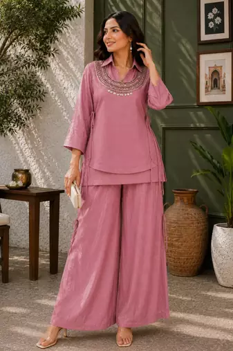 Pink silk blend embroidered palazzo set