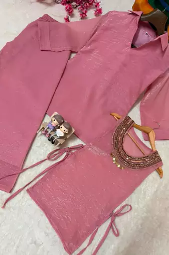 Pink silk blend embroidered palazzo set