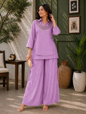 Lavender silk blend embroidered palazzo set 1