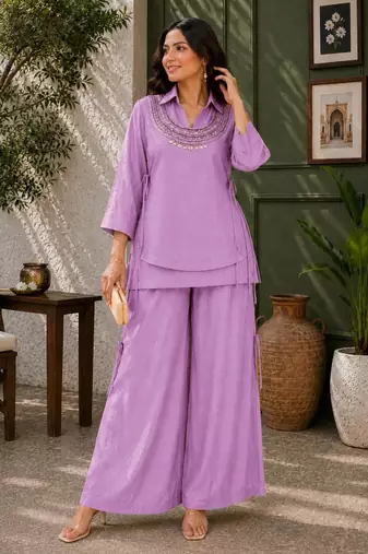 Lavender silk blend embroidered palazzo set