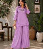 Lavender silk blend embroidered palazzo set