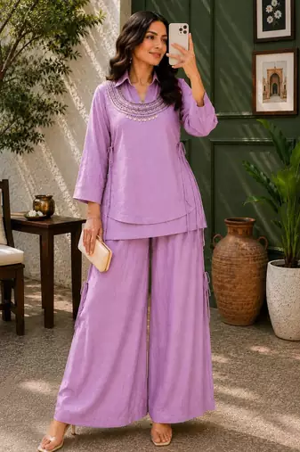 Lavender silk blend embroidered palazzo set