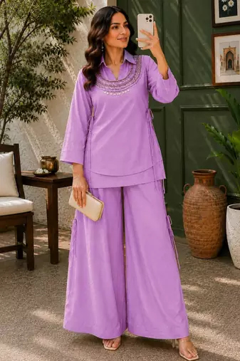 Lavender silk blend embroidered palazzo set