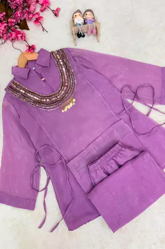 Lavender silk blend embroidered palazzo set