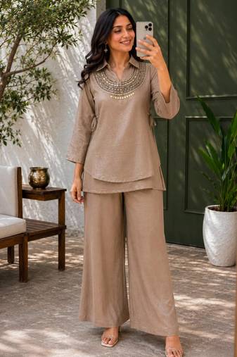 Beige silk blend embroidered palazzo set