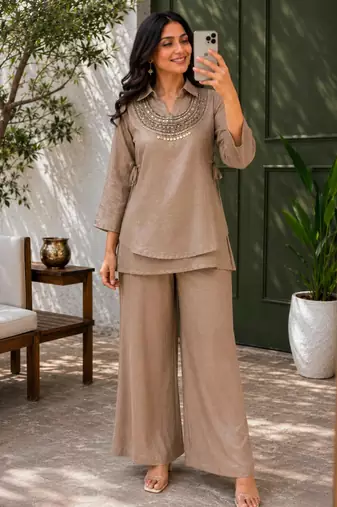 Beige silk blend embroidered palazzo set