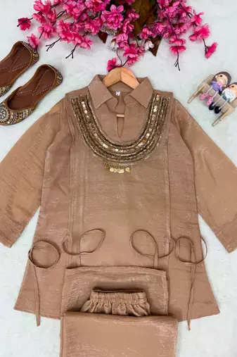 Beige silk blend embroidered palazzo set