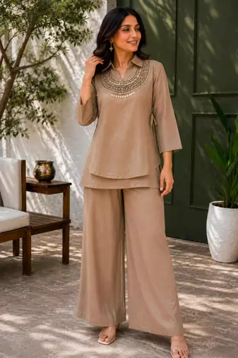 Beige silk blend embroidered palazzo set