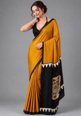Mustard printed satin saree with blouse 2