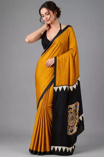Mustard printed satin saree with blouse