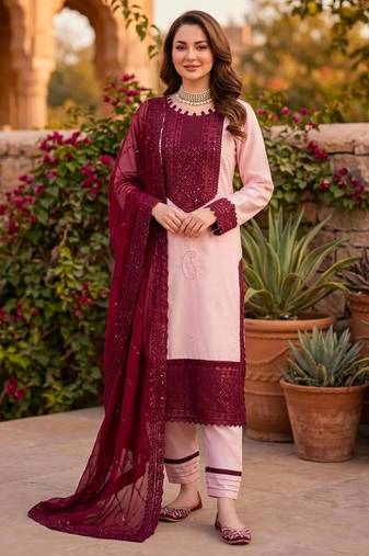 Light-baby-pink crepe embroidered kurta set