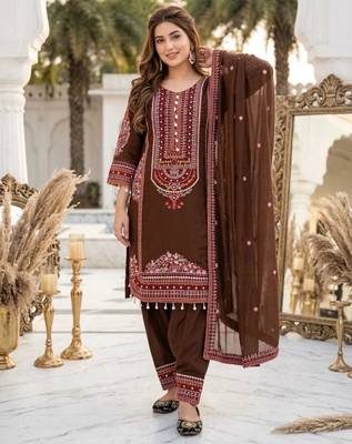 Brown chanderi embroidered farshi salwar set 1