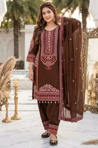 Brown chanderi embroidered farshi salwar set