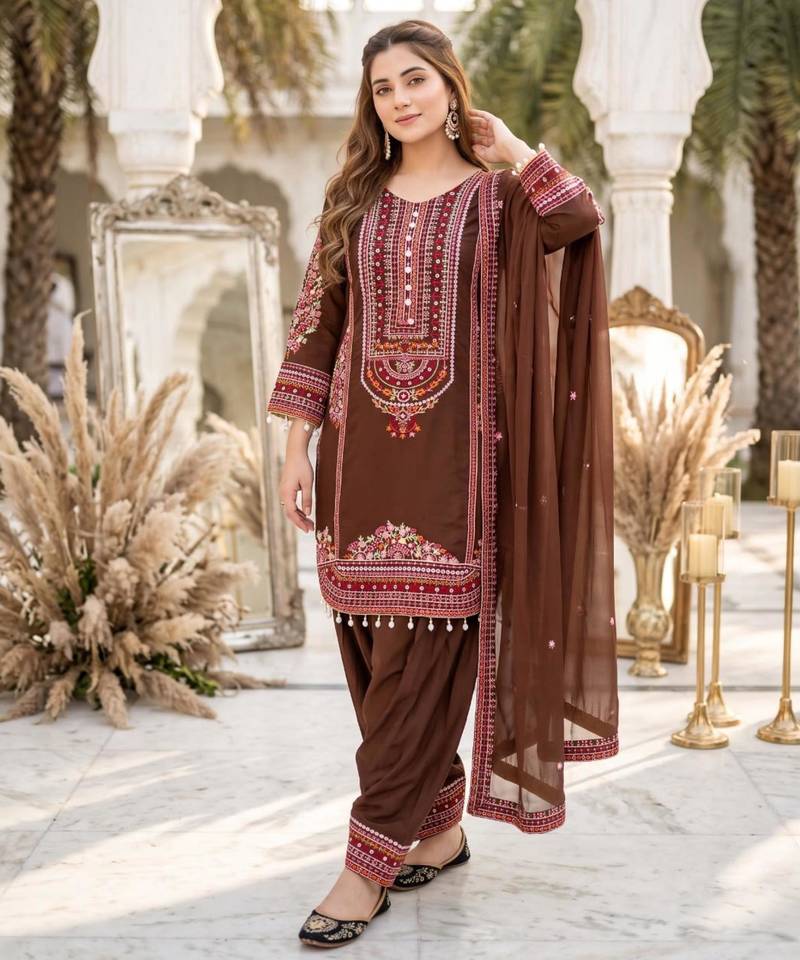 Brown chanderi embroidered farshi salwar set