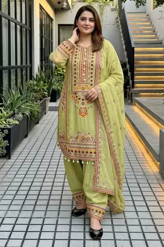 Olive chanderi embroidered farshi salwar set