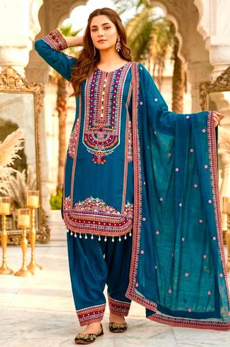 Teal chanderi embroidered farshi salwar set